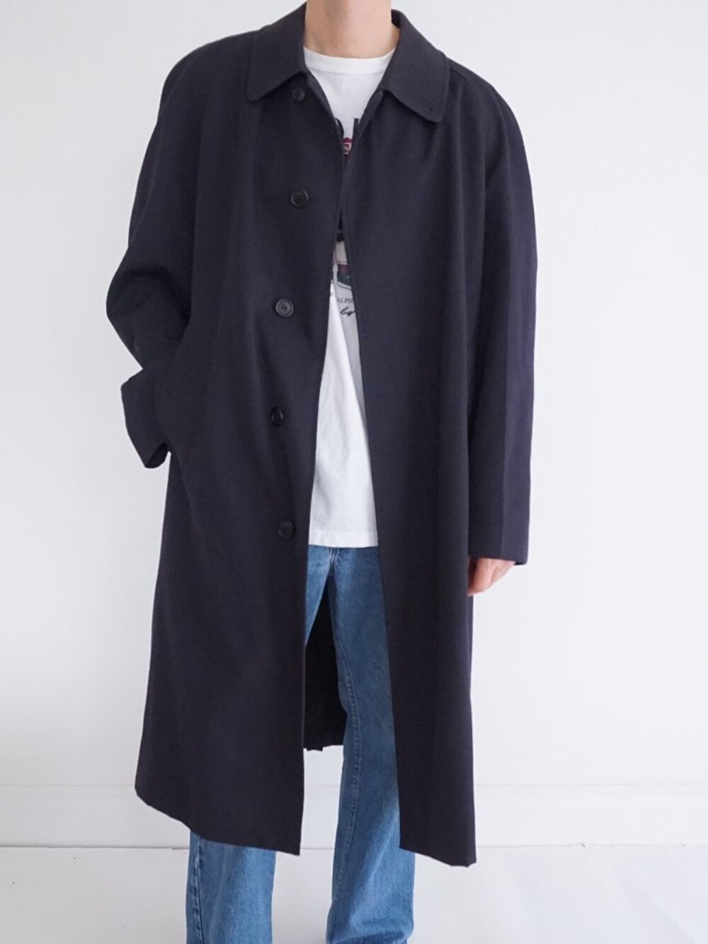 Vintage Burberrys Navy Blue Button English Wool Balmacaan Trench Car Coat 46